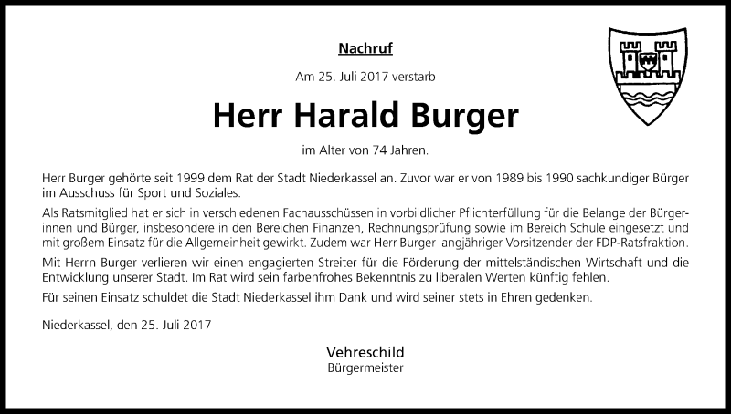  Traueranzeige für Harald Burger vom 29.07.2017 aus Kölner Stadt-Anzeiger / Kölnische Rundschau / Express