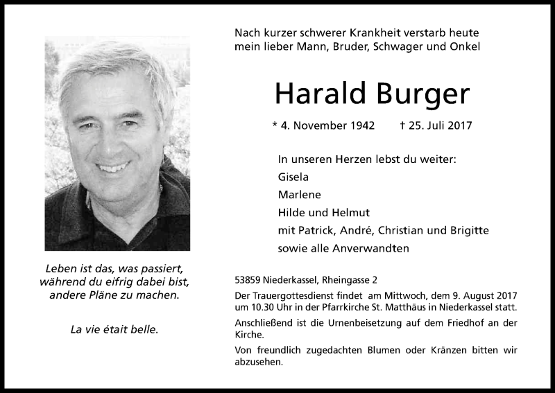  Traueranzeige für Harald Burger vom 29.07.2017 aus Kölner Stadt-Anzeiger / Kölnische Rundschau / Express