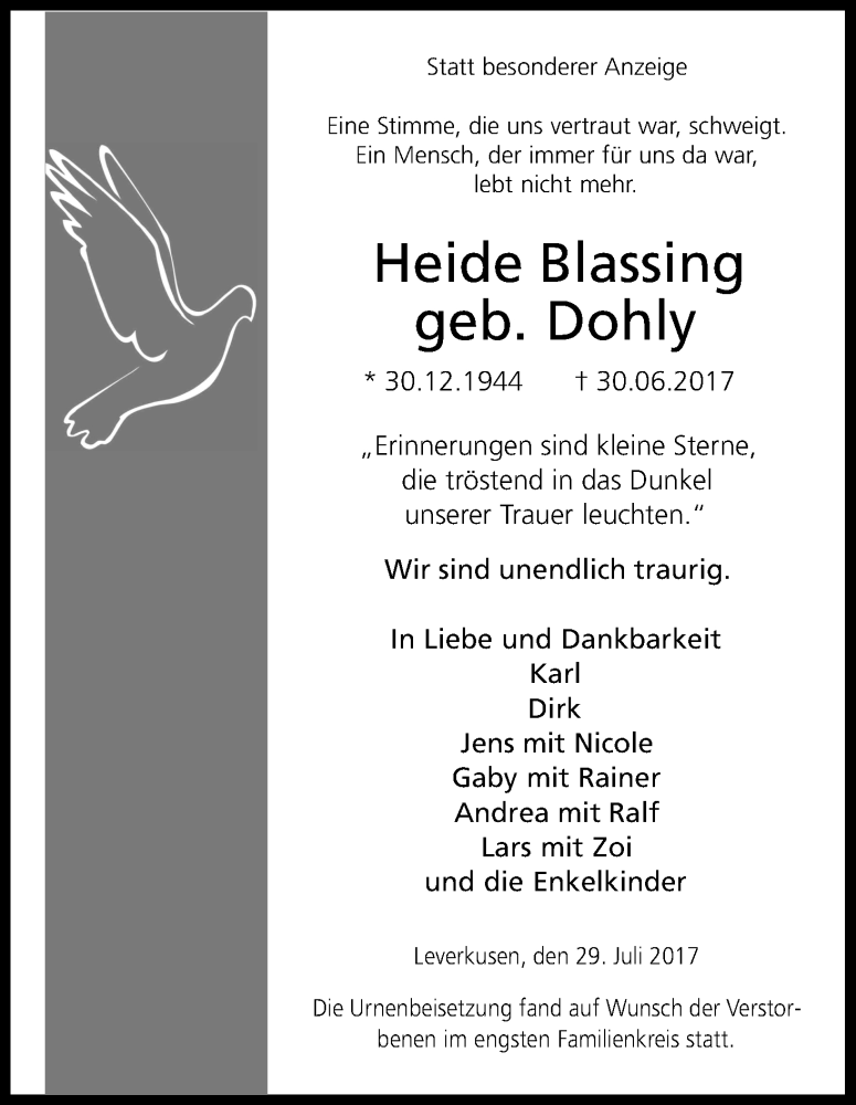  Traueranzeige für Heide Blassing vom 29.07.2017 aus Kölner Stadt-Anzeiger / Kölnische Rundschau / Express