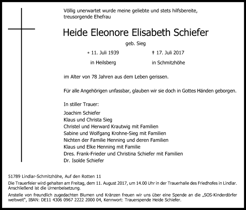  Traueranzeige für Heide Eleonore Elisabeth Schiefer vom 29.07.2017 aus Kölner Stadt-Anzeiger / Kölnische Rundschau / Express