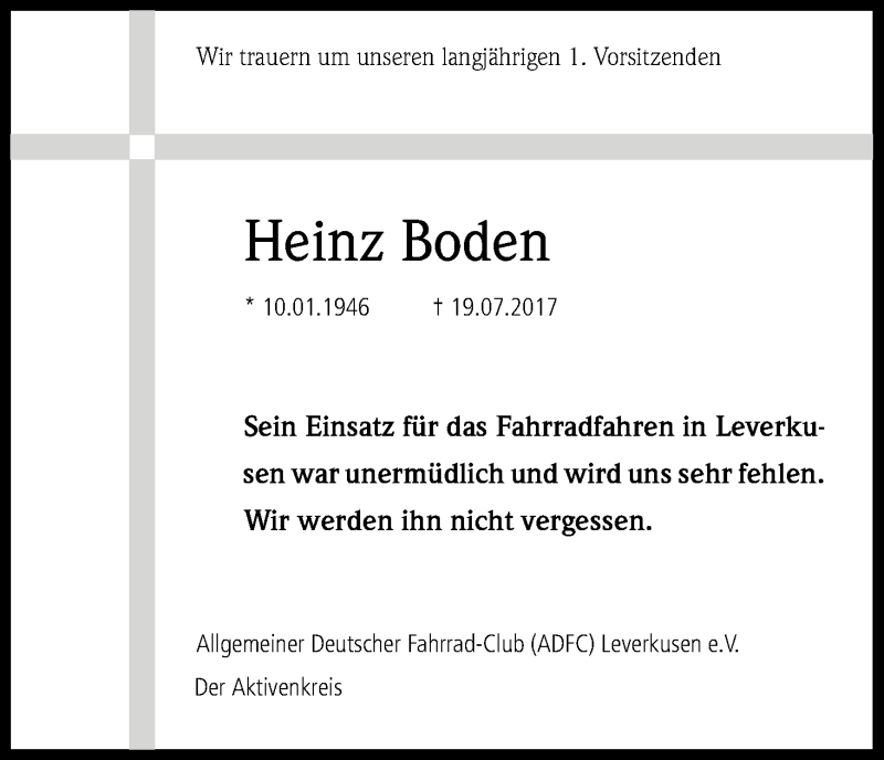  Traueranzeige für Heinz Boden vom 29.07.2017 aus Kölner Stadt-Anzeiger / Kölnische Rundschau / Express
