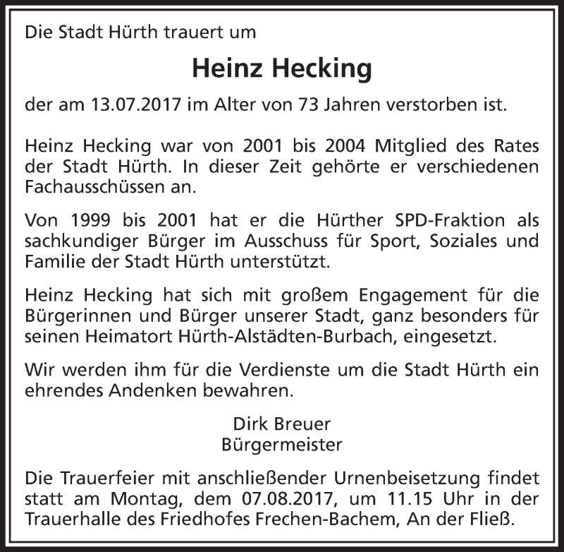  Traueranzeige für Heinz Hecking vom 29.07.2017 aus  Sonntags-Post 