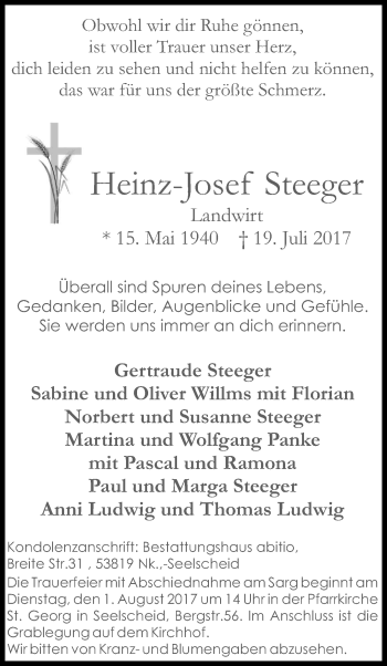 Anzeige von Heinz-Josef Steeger von Kölner Stadt-Anzeiger / Kölnische Rundschau / Express