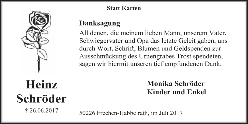 Traueranzeige für Heinz Schröder vom 29.07.2017 aus  Wochenende 