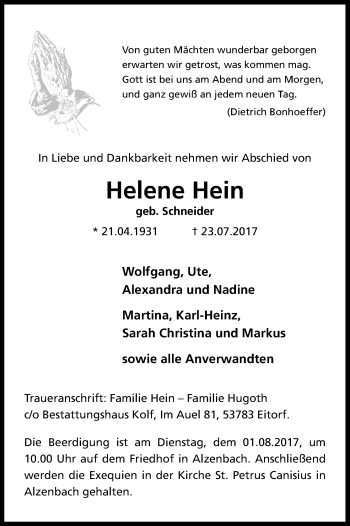 Anzeige von Helene Hein von Kölner Stadt-Anzeiger / Kölnische Rundschau / Express