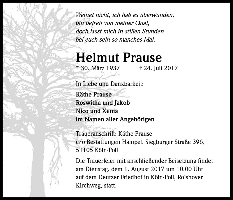  Traueranzeige für Helmut Prause vom 29.07.2017 aus Kölner Stadt-Anzeiger / Kölnische Rundschau / Express