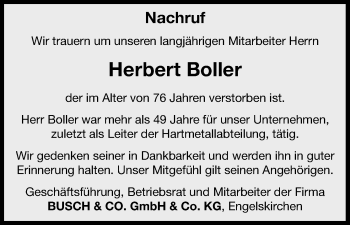 Anzeige von Herbert Boller von Kölner Stadt-Anzeiger / Kölnische Rundschau / Express