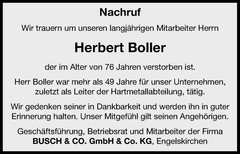  Traueranzeige für Herbert Boller vom 29.07.2017 aus Kölner Stadt-Anzeiger / Kölnische Rundschau / Express