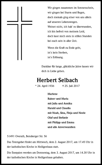Anzeige von Herbert Selbach von Kölner Stadt-Anzeiger / Kölnische Rundschau / Express