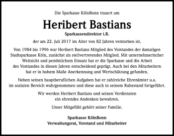 Anzeige von Heribert Bastians von Kölner Stadt-Anzeiger / Kölnische Rundschau / Express