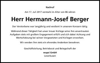 Anzeige von Hermann-Josef Berger von Kölner Stadt-Anzeiger / Kölnische Rundschau / Express