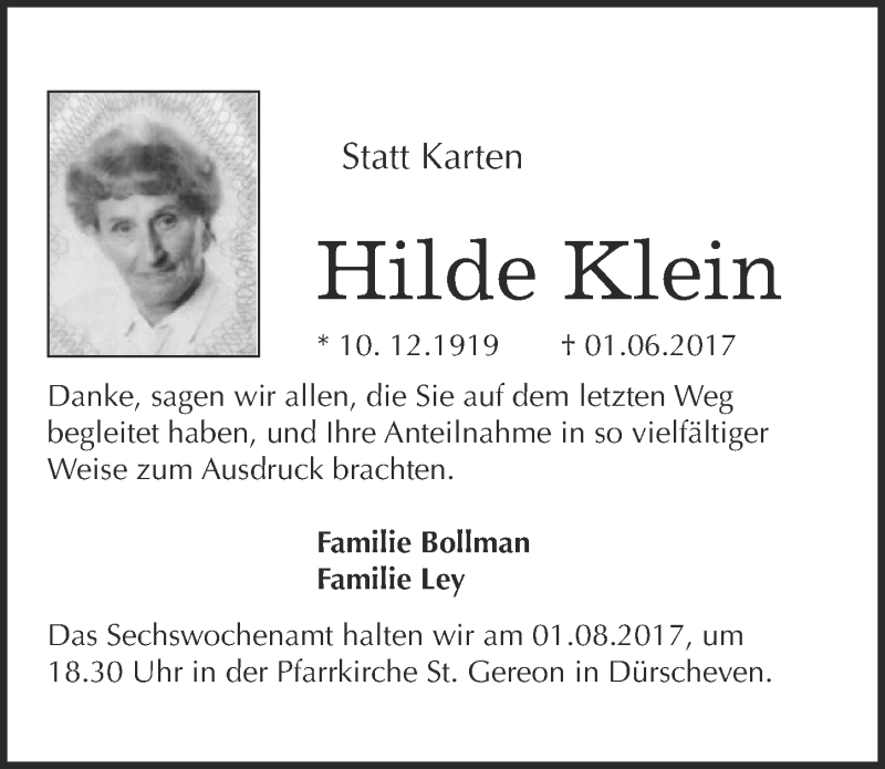  Traueranzeige für Hilde Klein vom 29.07.2017 aus  Blickpunkt Euskirchen 