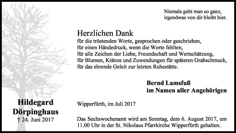  Traueranzeige für Hildegard Dörpinghaus vom 29.07.2017 aus Kölner Stadt-Anzeiger / Kölnische Rundschau / Express