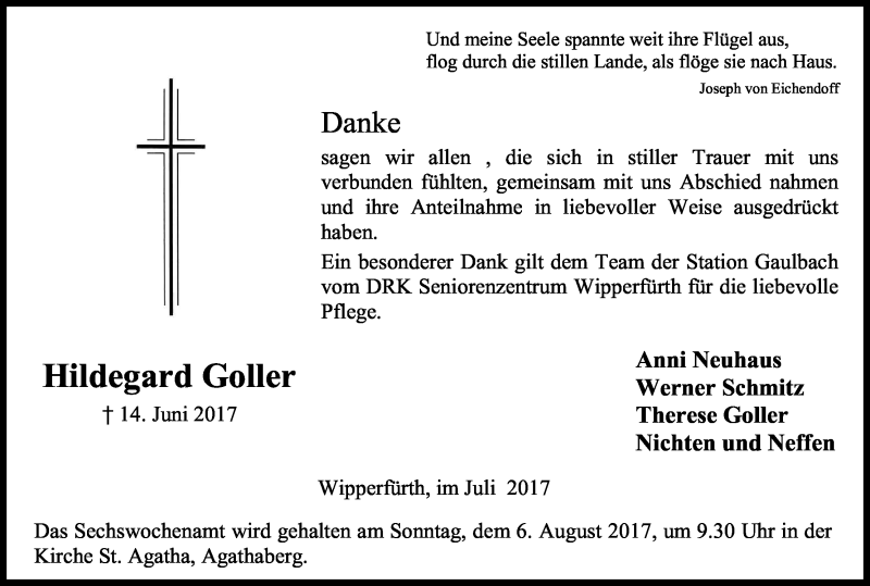  Traueranzeige für Hildegard Goller vom 29.07.2017 aus Kölner Stadt-Anzeiger / Kölnische Rundschau / Express