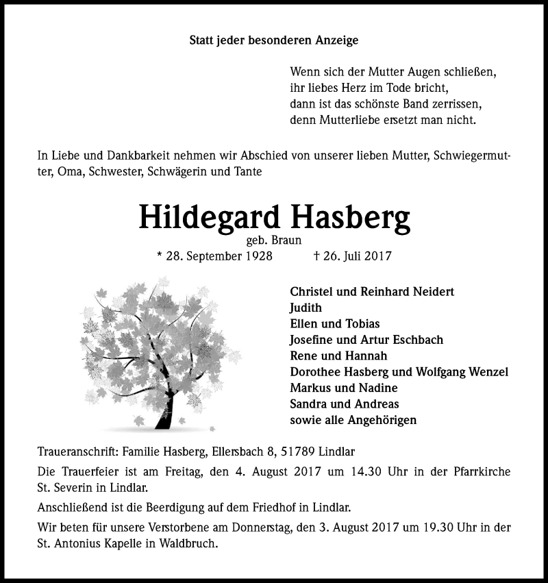  Traueranzeige für Hildegard Hasberg vom 29.07.2017 aus Kölner Stadt-Anzeiger / Kölnische Rundschau / Express