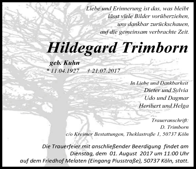  Traueranzeige für Hildegard Trimborn vom 29.07.2017 aus Kölner Stadt-Anzeiger / Kölnische Rundschau / Express