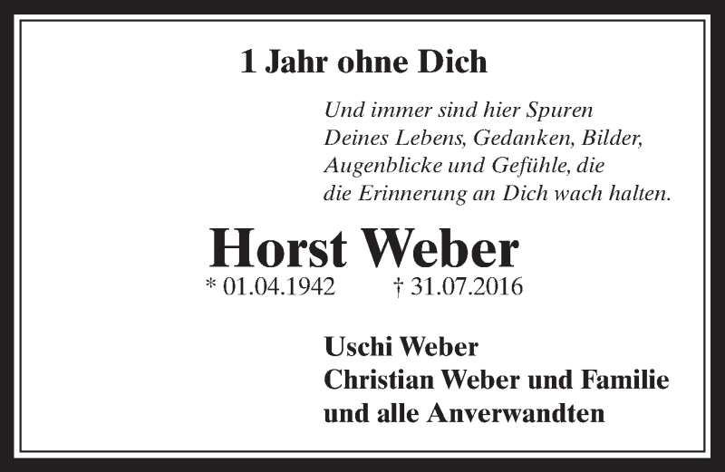  Traueranzeige für Horst Weber vom 29.07.2017 aus  Sonntags-Post 
