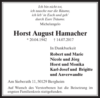 Anzeige von Horst August Hamacher von  Sonntags-Post 
