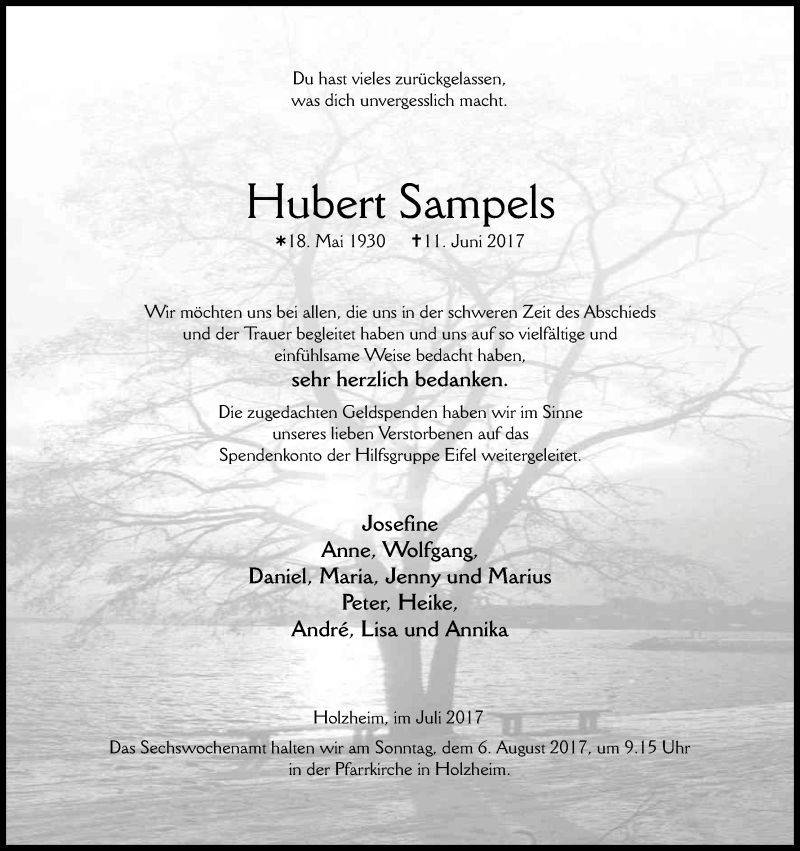  Traueranzeige für Hubert Sampels vom 29.07.2017 aus Kölner Stadt-Anzeiger / Kölnische Rundschau / Express