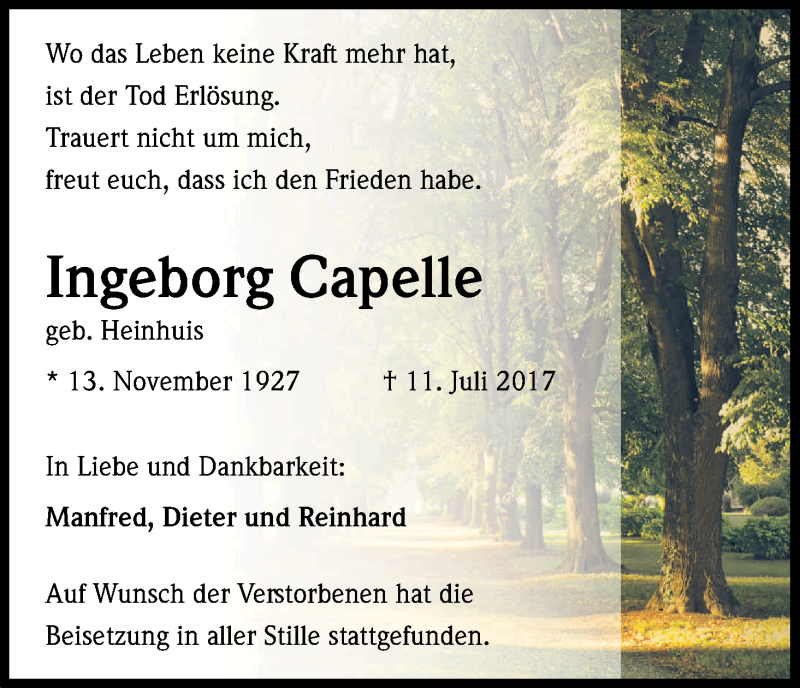  Traueranzeige für Ingeborg Capelle vom 29.07.2017 aus Kölner Stadt-Anzeiger / Kölnische Rundschau / Express