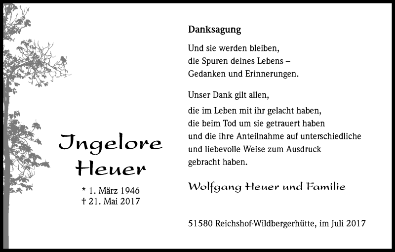  Traueranzeige für Ingelore Heuer vom 29.07.2017 aus Kölner Stadt-Anzeiger / Kölnische Rundschau / Express