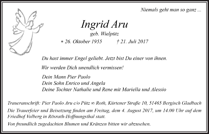  Traueranzeige für Ingrid Aru vom 29.07.2017 aus  Bergisches Sonntagsblatt 