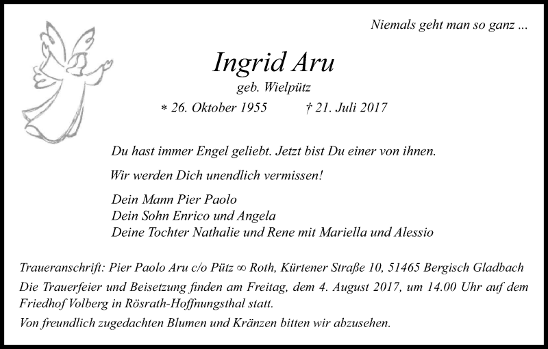  Traueranzeige für Ingrid Aru vom 29.07.2017 aus Kölner Stadt-Anzeiger / Kölnische Rundschau / Express
