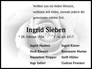 Anzeige von Ingrid Sieben von Kölner Stadt-Anzeiger / Kölnische Rundschau / Express