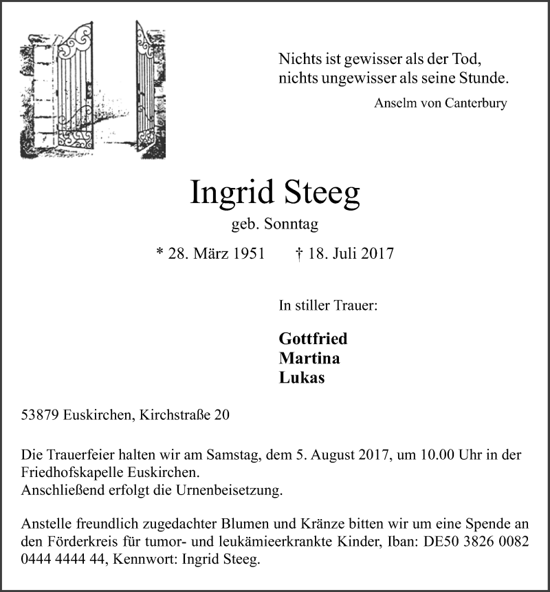 Traueranzeige für Ingrid Steeg vom 29.07.2017 aus  Blickpunkt Euskirchen 
