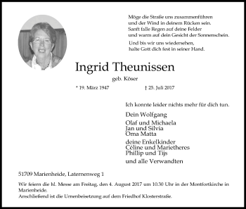 Anzeige von Ingrid Theunissen von Kölner Stadt-Anzeiger / Kölnische Rundschau / Express