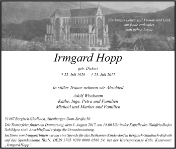 Anzeige von Irmgard Hopp von Kölner Stadt-Anzeiger / Kölnische Rundschau / Express
