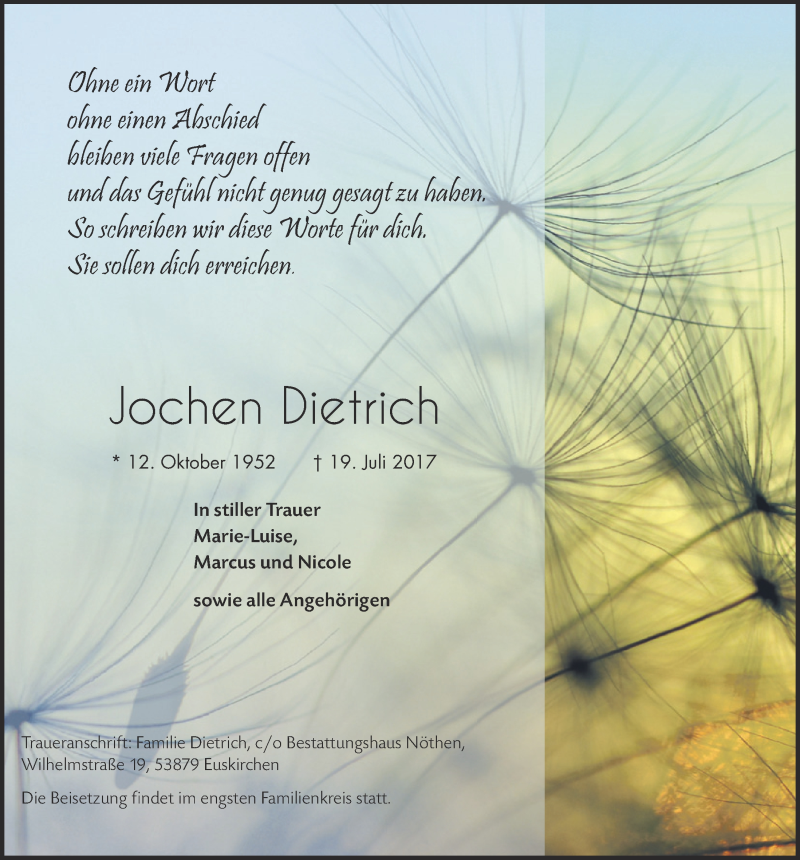  Traueranzeige für Jochen Dietrich vom 29.07.2017 aus  Blickpunkt Euskirchen 