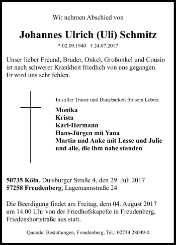 Anzeige von Johannes Ulrich  Schmitz von Kölner Stadt-Anzeiger / Kölnische Rundschau / Express