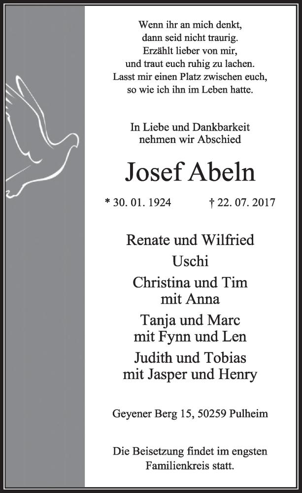  Traueranzeige für Josef Abeln vom 29.07.2017 aus  Sonntags-Post 