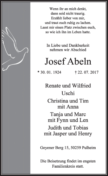 Anzeige von Josef Abeln von  Sonntags-Post 