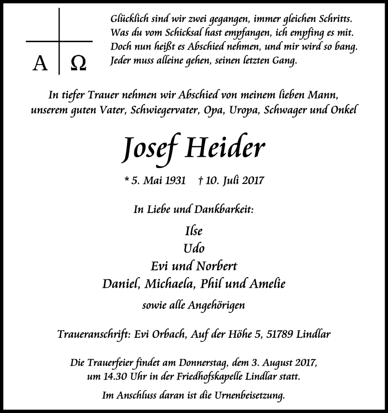  Traueranzeige für Josef Heider vom 29.07.2017 aus Kölner Stadt-Anzeiger / Kölnische Rundschau / Express
