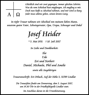 Anzeige von Josef Heider von Kölner Stadt-Anzeiger / Kölnische Rundschau / Express