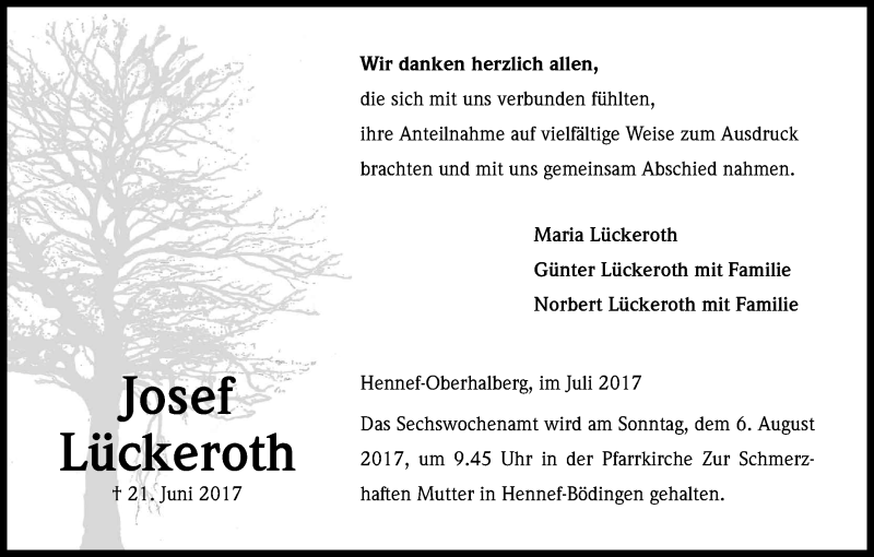  Traueranzeige für Josef Lückeroth vom 29.07.2017 aus Kölner Stadt-Anzeiger / Kölnische Rundschau / Express