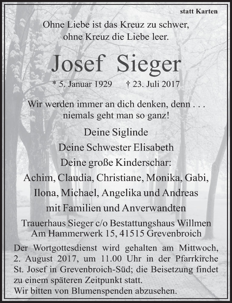  Traueranzeige für Josef Sieger vom 29.07.2017 aus  Sonntags-Post 