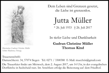Anzeige von Jutta Müller von Kölner Stadt-Anzeiger / Kölnische Rundschau / Express