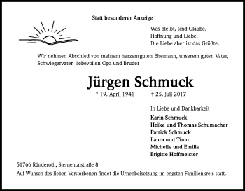 Anzeige von Jürgen Schmuck von Kölner Stadt-Anzeiger / Kölnische Rundschau / Express