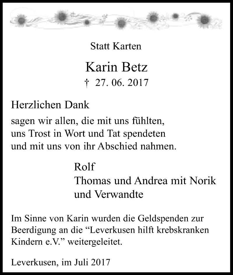  Traueranzeige für Karin Betz vom 29.07.2017 aus Kölner Stadt-Anzeiger / Kölnische Rundschau / Express