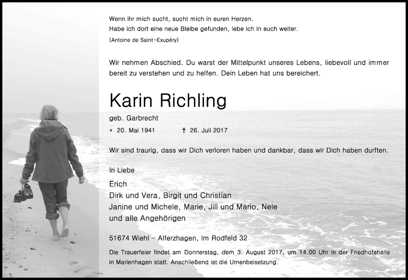  Traueranzeige für Karin Richling vom 29.07.2017 aus Kölner Stadt-Anzeiger / Kölnische Rundschau / Express