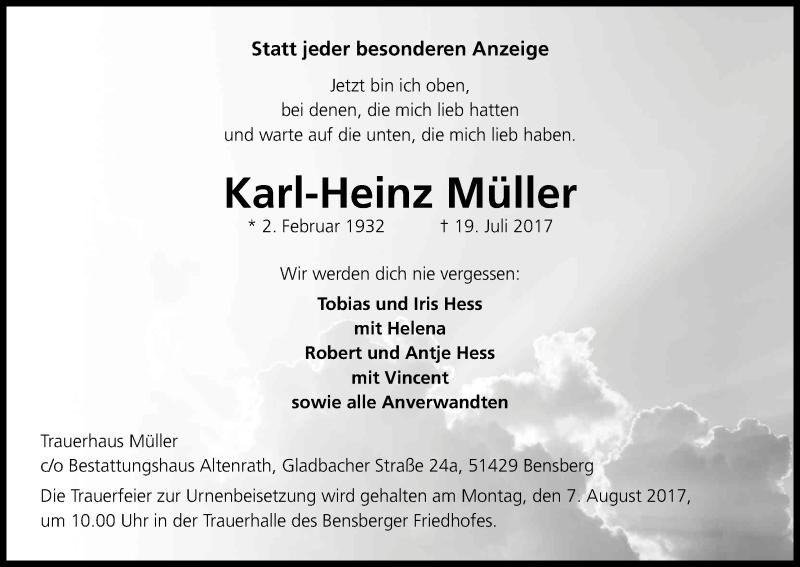  Traueranzeige für Karl-Heinz Müller vom 29.07.2017 aus Kölner Stadt-Anzeiger / Kölnische Rundschau / Express