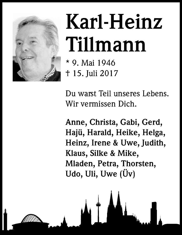  Traueranzeige für Karl-Heinz Tillmann vom 29.07.2017 aus Kölner Stadt-Anzeiger / Kölnische Rundschau / Express
