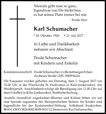 Anzeige von Familie Schumacher von Kölner Stadt-Anzeiger / Kölnische Rundschau / Express