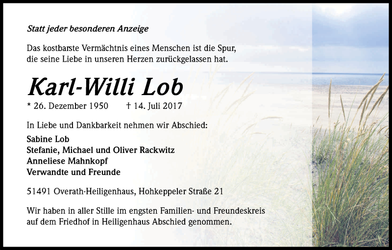  Traueranzeige für Karl-Willi Lob vom 29.07.2017 aus Kölner Stadt-Anzeiger / Kölnische Rundschau / Express