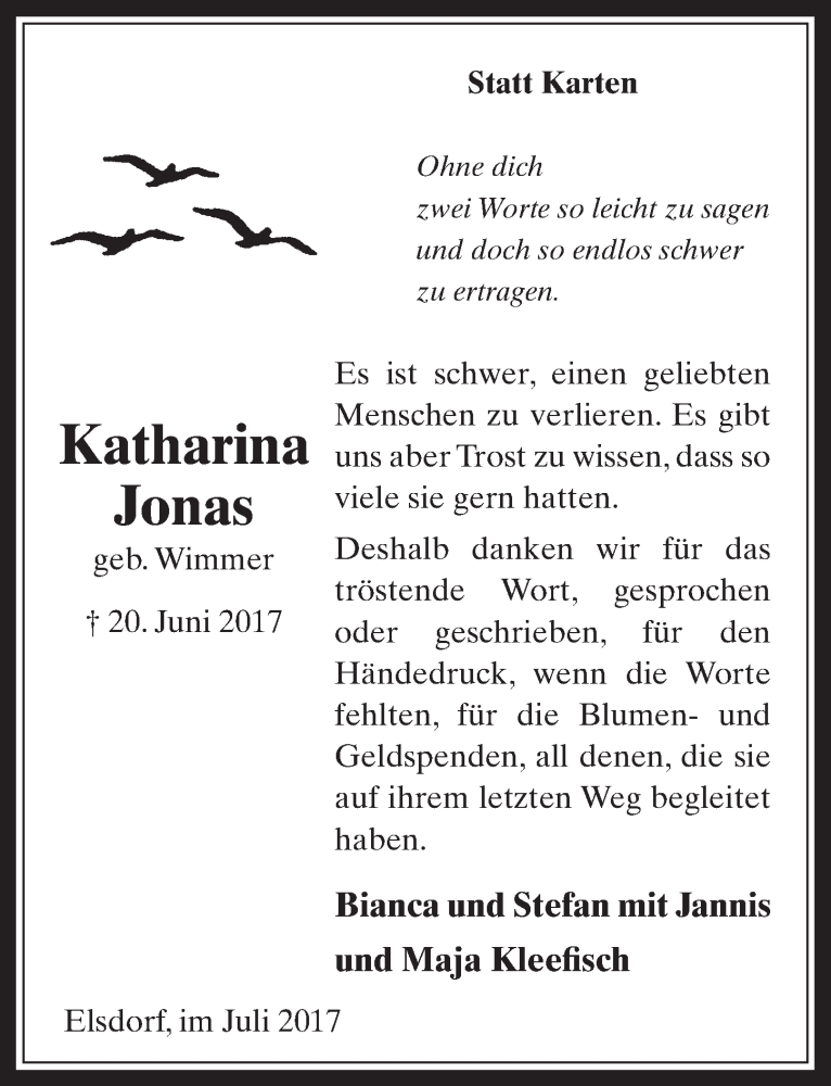  Traueranzeige für Katharina Jonas vom 29.07.2017 aus  Sonntags-Post 