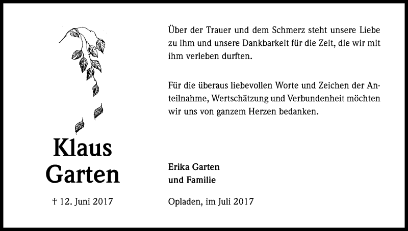  Traueranzeige für Klaus Garten vom 29.07.2017 aus Kölner Stadt-Anzeiger / Kölnische Rundschau / Express