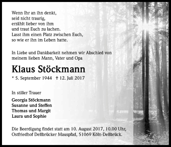 Anzeige von Klaus Stöckmann von Kölner Stadt-Anzeiger / Kölnische Rundschau / Express